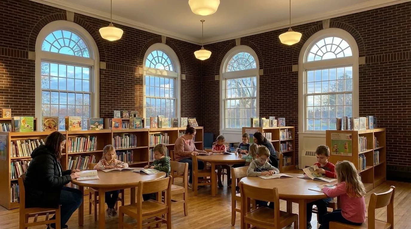 Interior of a Queens public library branch showing children's reading area with families at tables