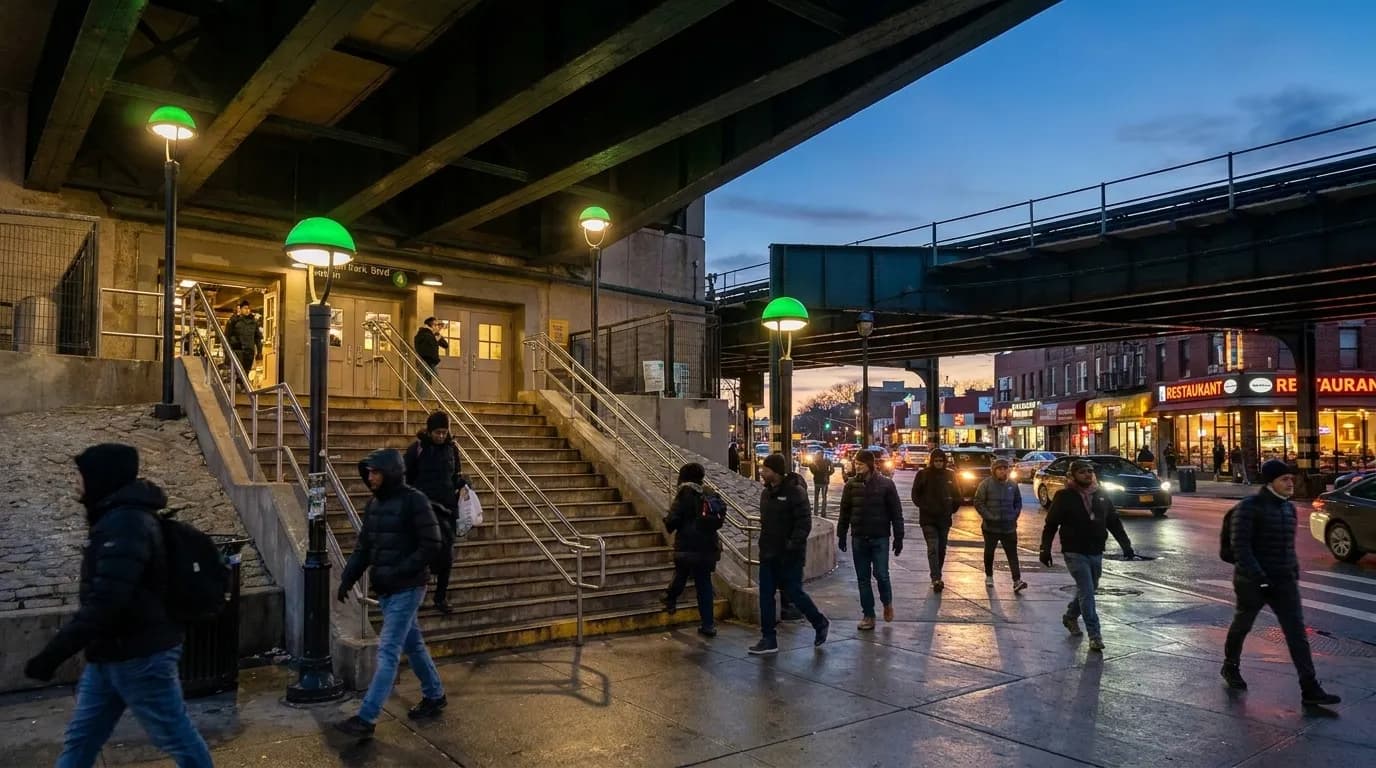 Evening view of a New York City subway entrance with pedestrians entering and exiting
