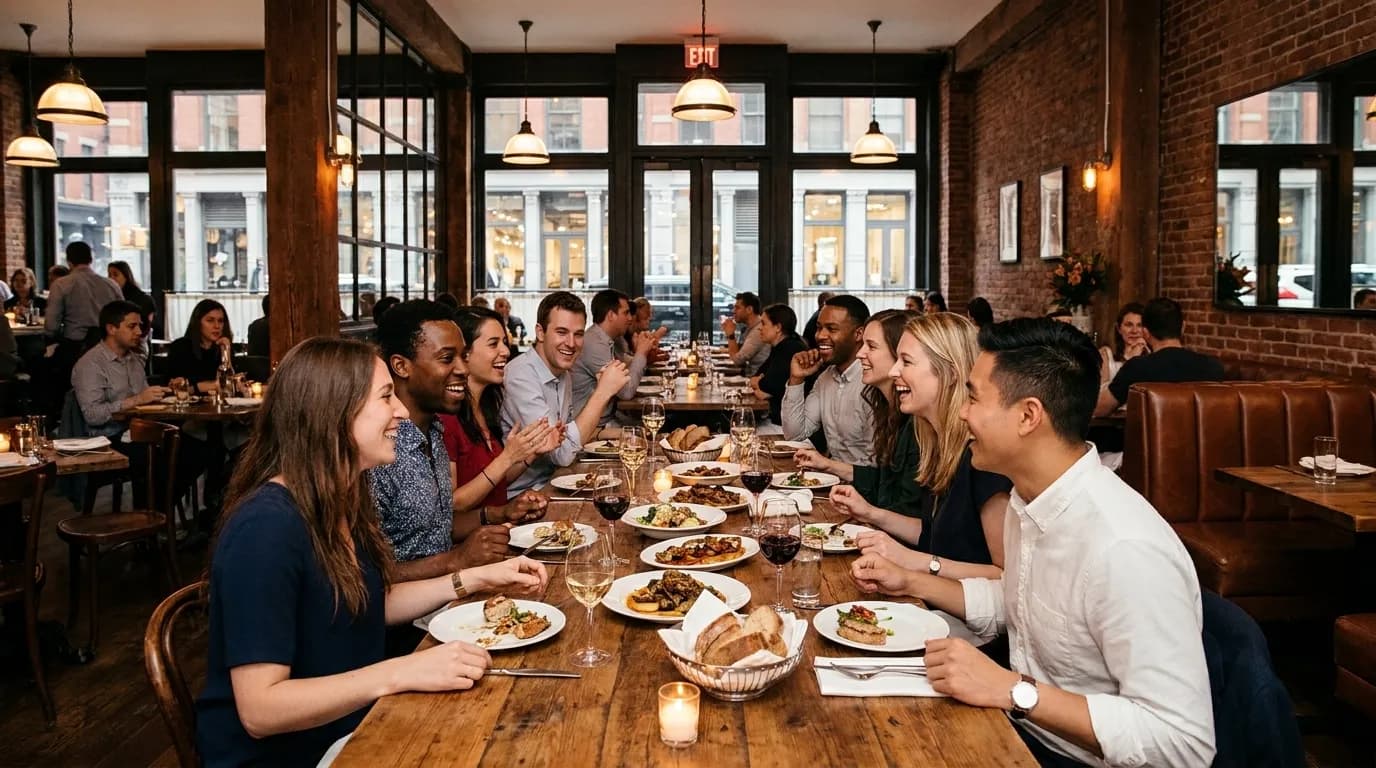 Group of friends gathered around a dinner table at a New York restaurant