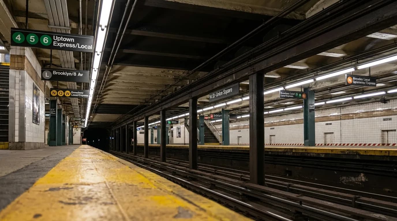 Subway platform at Union Square station showing multiple train line signs