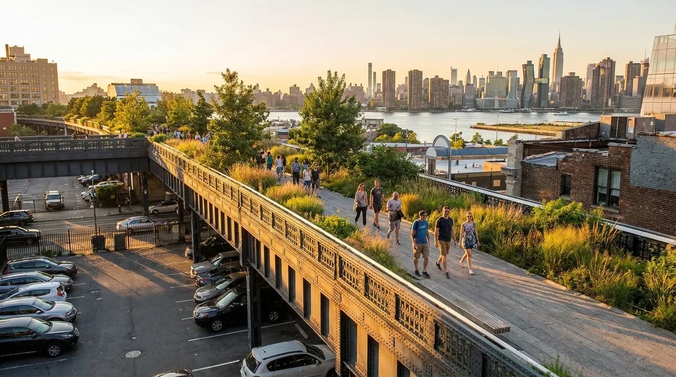 Pedestrians walking across Brooklyn Bridge at sunset with Manhattan skyline in background