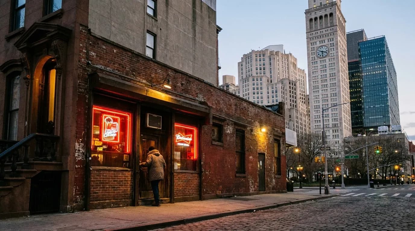 Exterior of Lower East Side dive bar with neon signs glowing in early evening