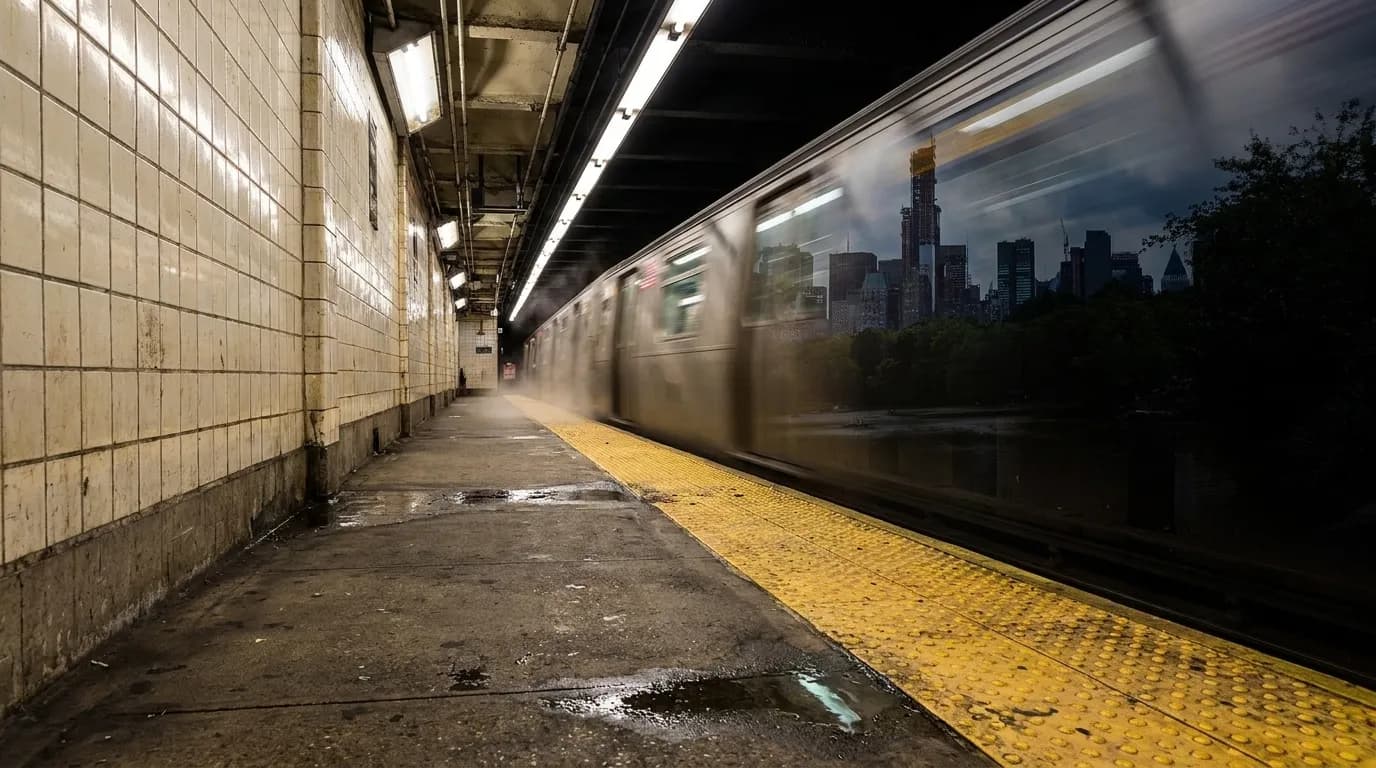 Late night subway platform with local train arriving under fluorescent lighting