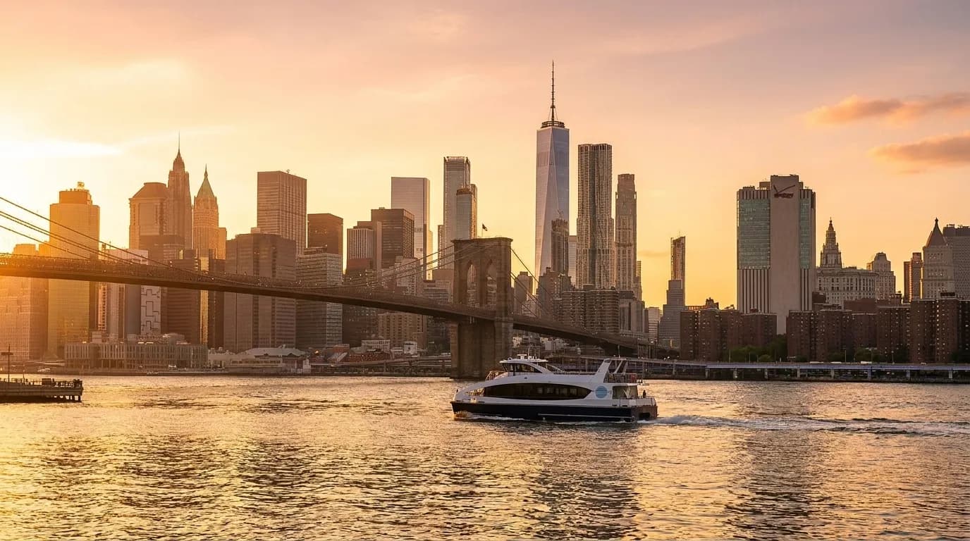 NYC Ferry boat on East River with Manhattan skyline in background during golden hour