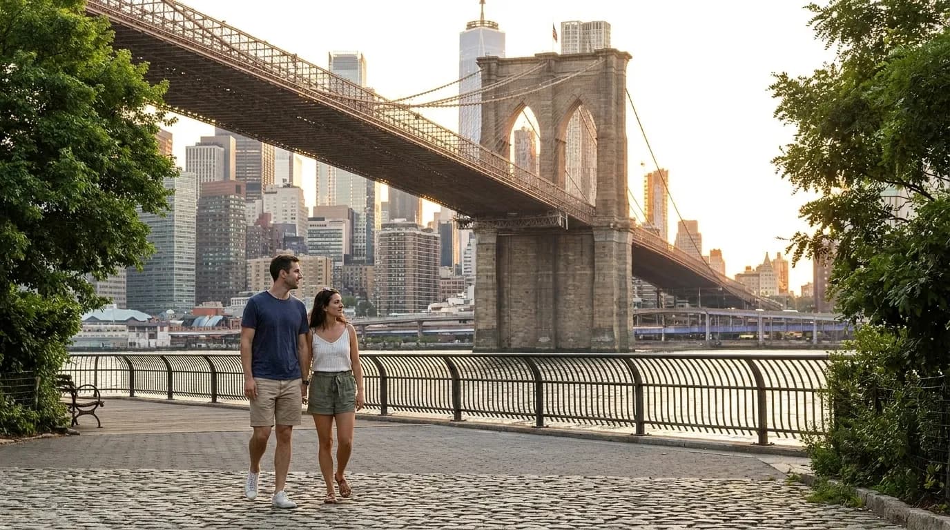 Pedestrians walking along DUMBO waterfront near Brooklyn Bridge Park with Manhattan visible across water