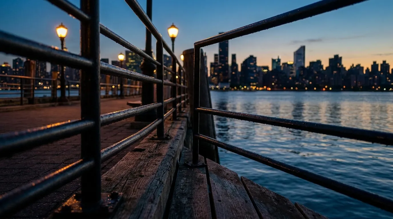 Ferry pier dock at sunset with passengers waiting and city skyline silhouette