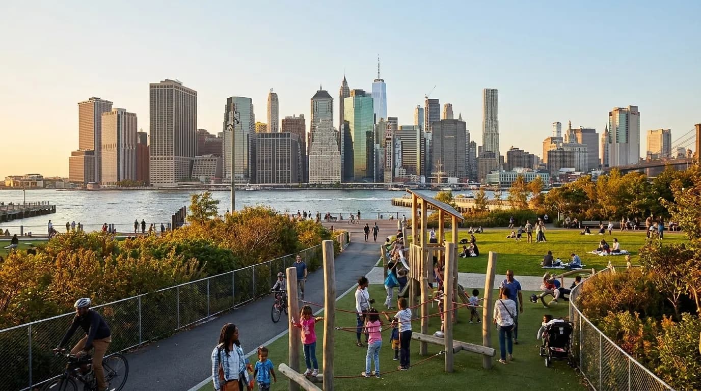 Families with children and older adults at Brooklyn Bridge Park waterfront playground with Manhattan skyline across East River
