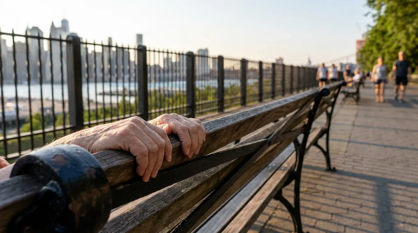 Brooklyn Heights Promenade wooden benches overlooking New York Harbor with pedestrians of various ages