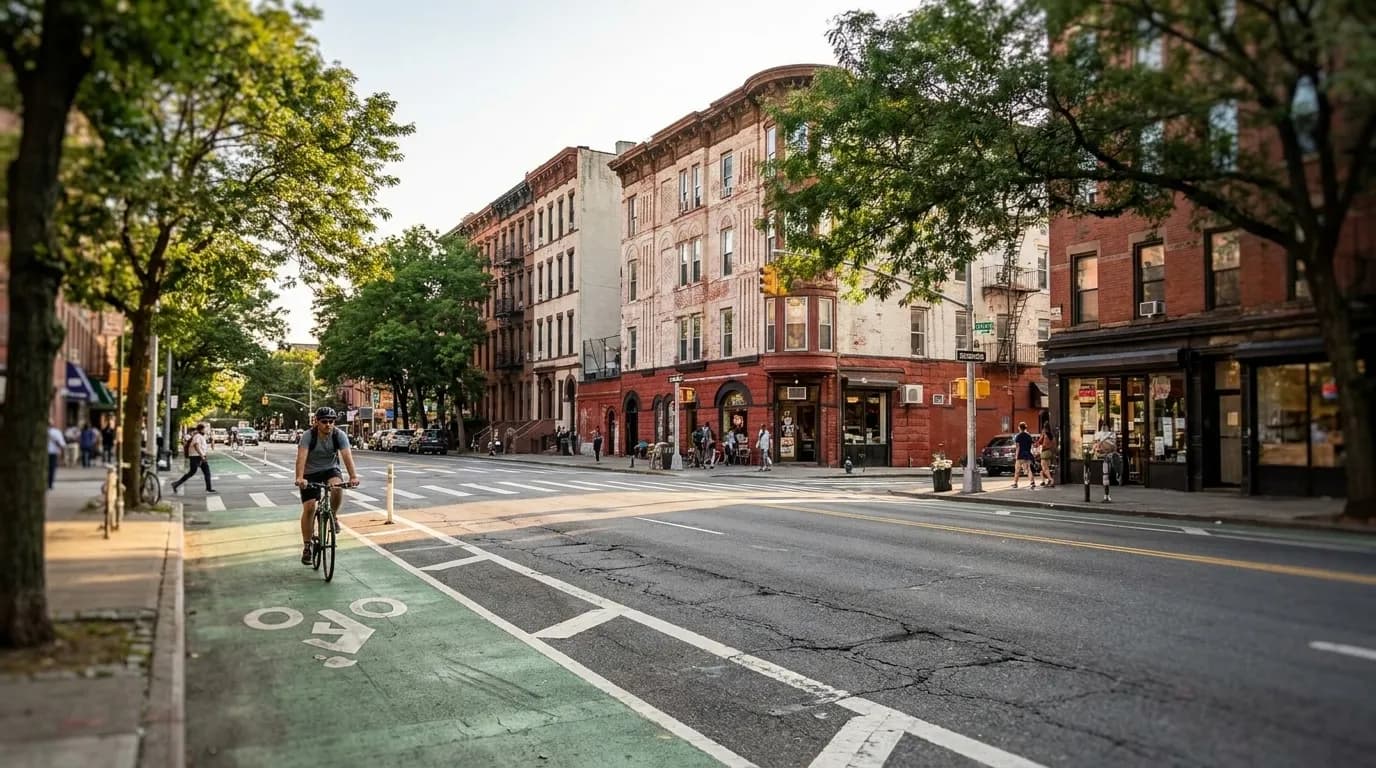 Tree-lined Vanderbilt Avenue in Prospect Heights showing pedestrian sidewalk and commercial storefronts