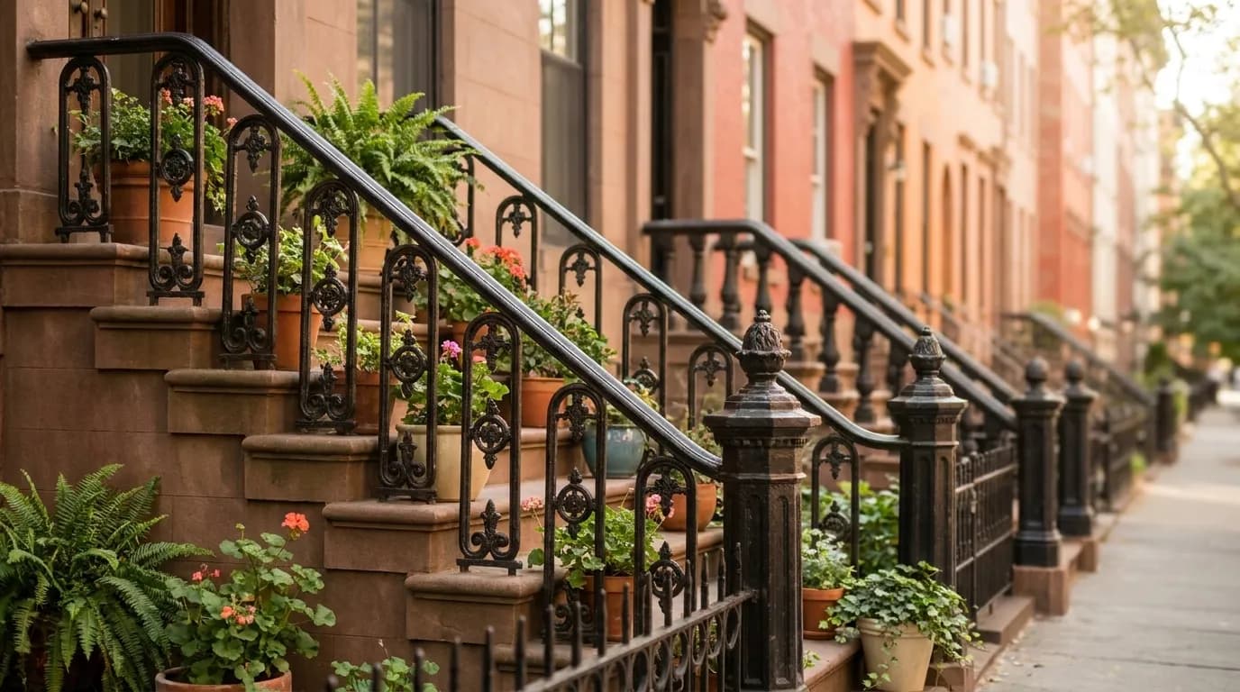 Row of historic brownstone buildings with stoops along a residential Prospect Heights block