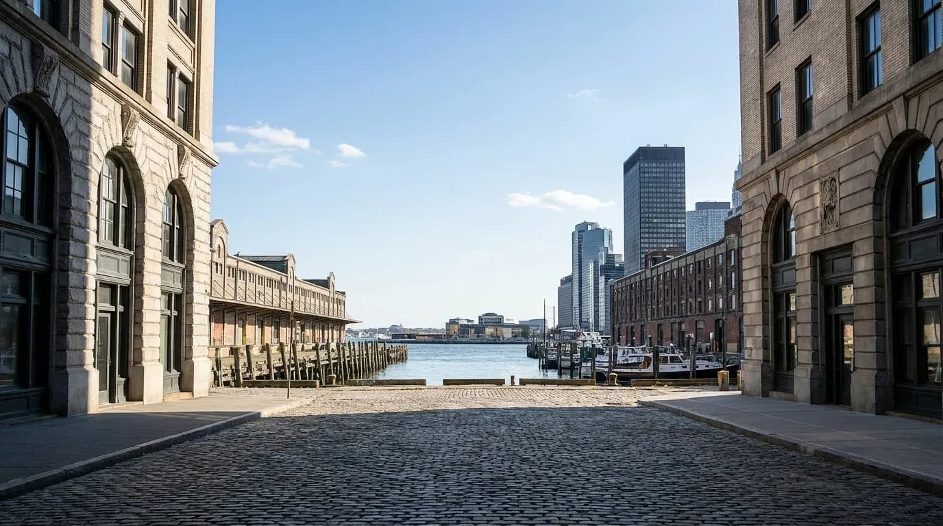 Cobblestone street leading toward Red Hook waterfront with warehouse buildings and open harbor view