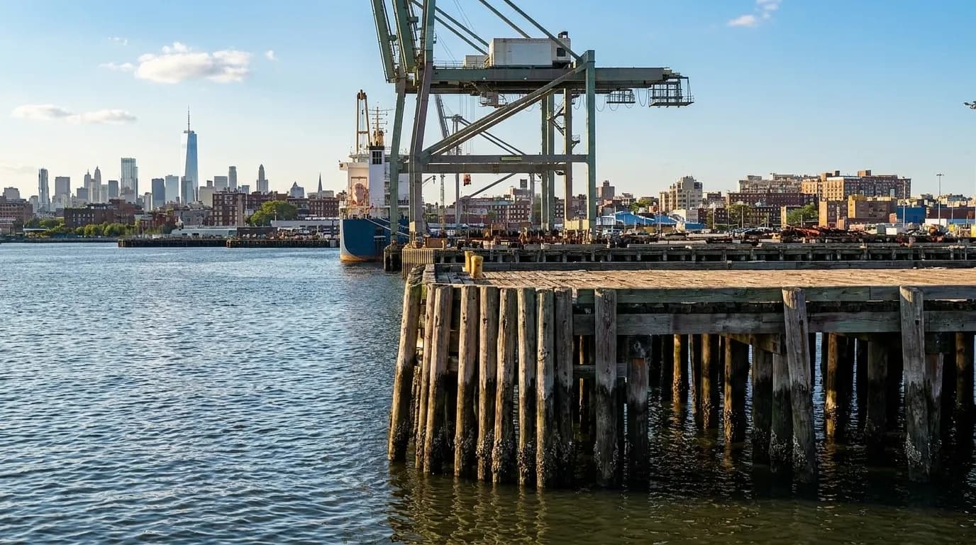Brooklyn waterfront pier with harbor view and industrial maritime infrastructure