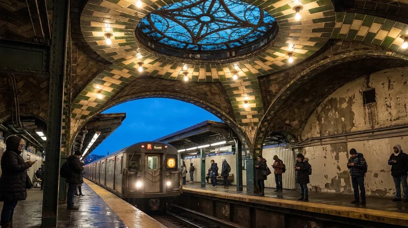 Subway platform with N train arriving at elevated station in Queens