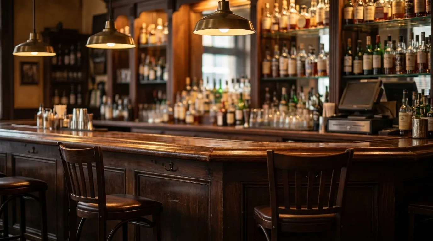 Interior of neighborhood bar with wooden counter seating and dim ambient lighting