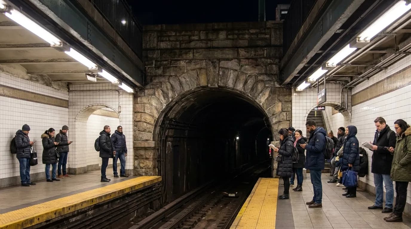 Passengers waiting on a New York City subway platform at night under fluorescent lighting