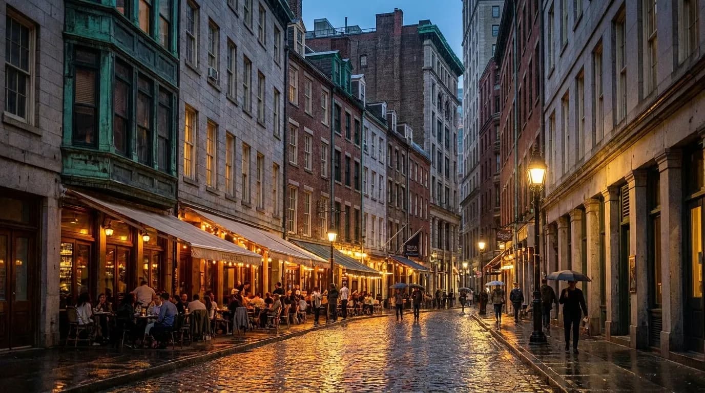 Stone Street in Lower Manhattan with wet cobblestones and outdoor bar seating under awnings during light rain