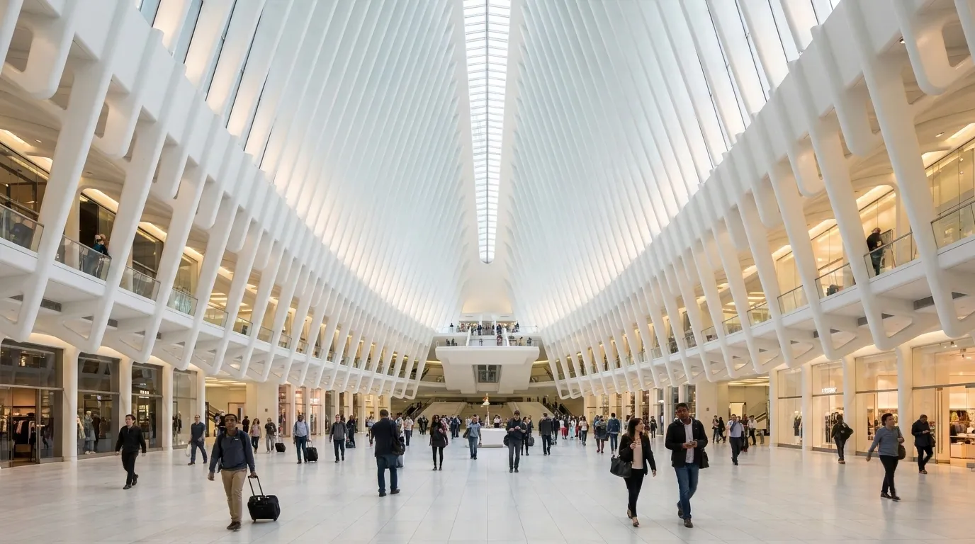 Interior of the Oculus transit hub at World Trade Center showing bright architecture and pedestrian traffic