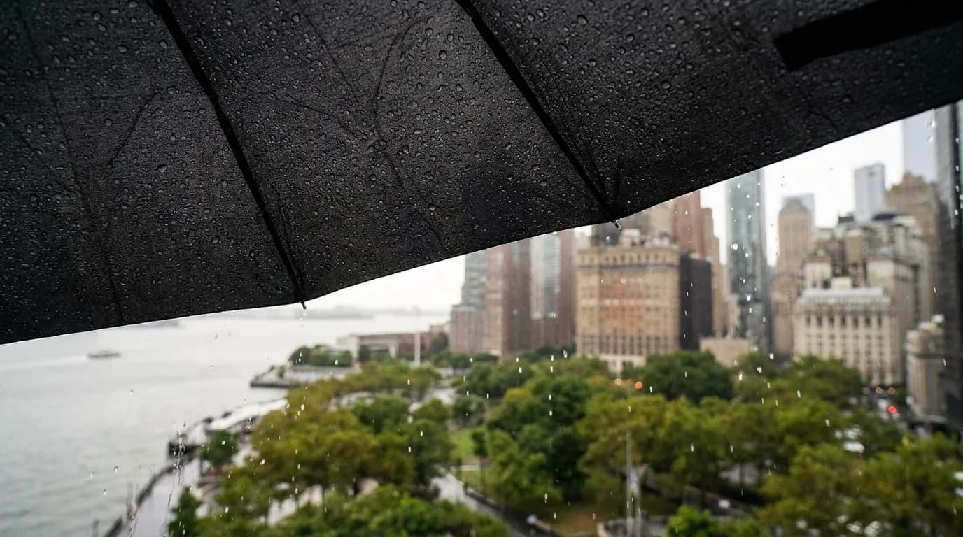 Battery Park waterfront promenade with people holding umbrellas and downtown Manhattan skyline in background