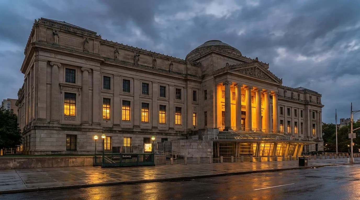 Evening view of Brooklyn Museum's illuminated entrance on Eastern Parkway with subway access nearby