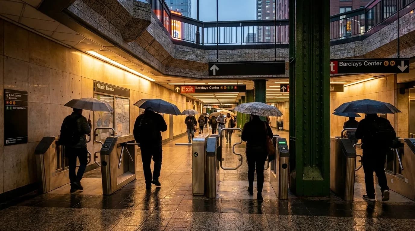 Interior of Atlantic Terminal subway station in Brooklyn showing multiple exit corridors and covered walkways