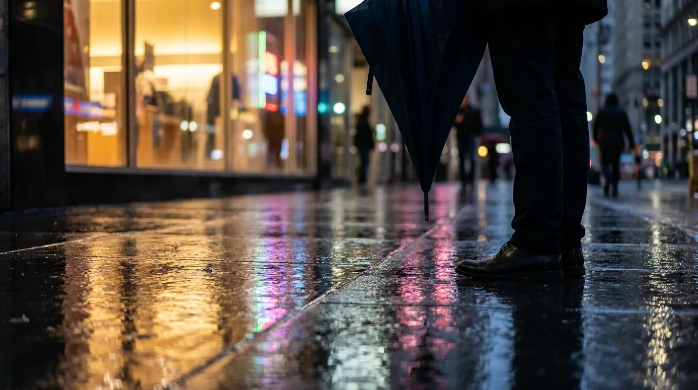 Rainy evening street scene on Fulton Mall in Downtown Brooklyn with pedestrians and covered storefronts