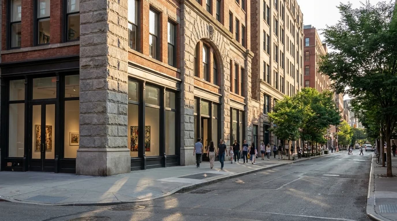 Wide street view of Chelsea gallery district showing industrial buildings converted to art spaces along West 20s streets in Manhattan