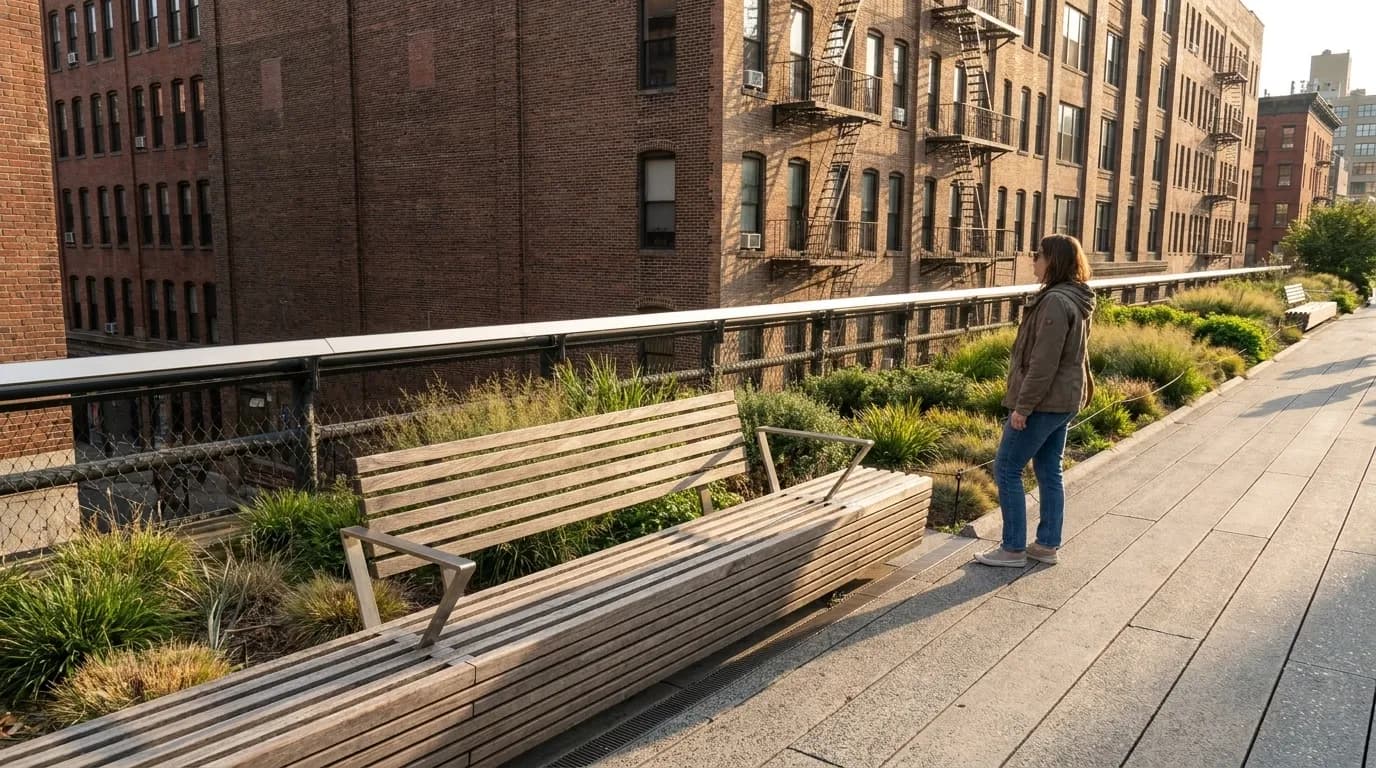 Elevated walkway of the High Line park with visitors walking among planted gardens in Chelsea neighborhood