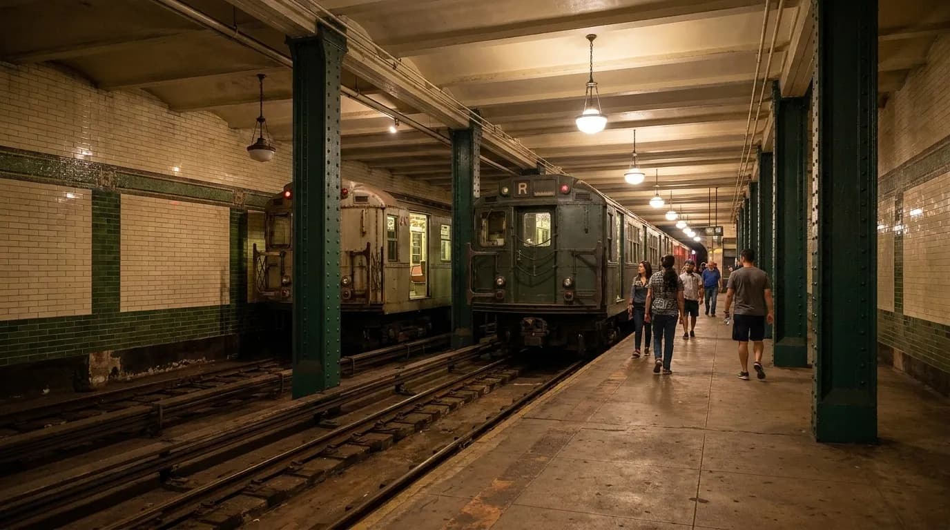 Vintage subway cars on display inside the underground New York Transit Museum station in Downtown Brooklyn