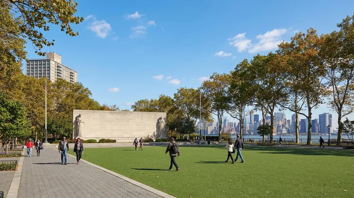 Brooklyn War Memorial and open green space at Cadman Plaza Park with Manhattan skyline visible in background