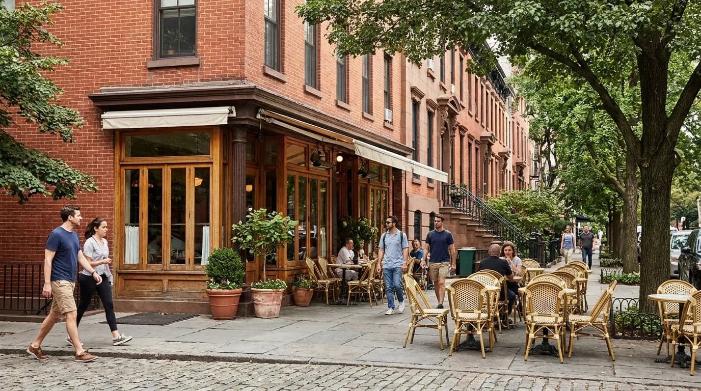Tree-lined Atlantic Avenue in Brooklyn showing bistro restaurant facades and pedestrian sidewalk
