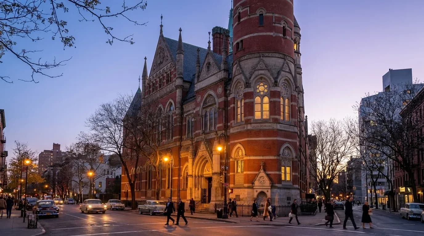 Gothic Revival Jefferson Market Library building in Greenwich Village at dusk