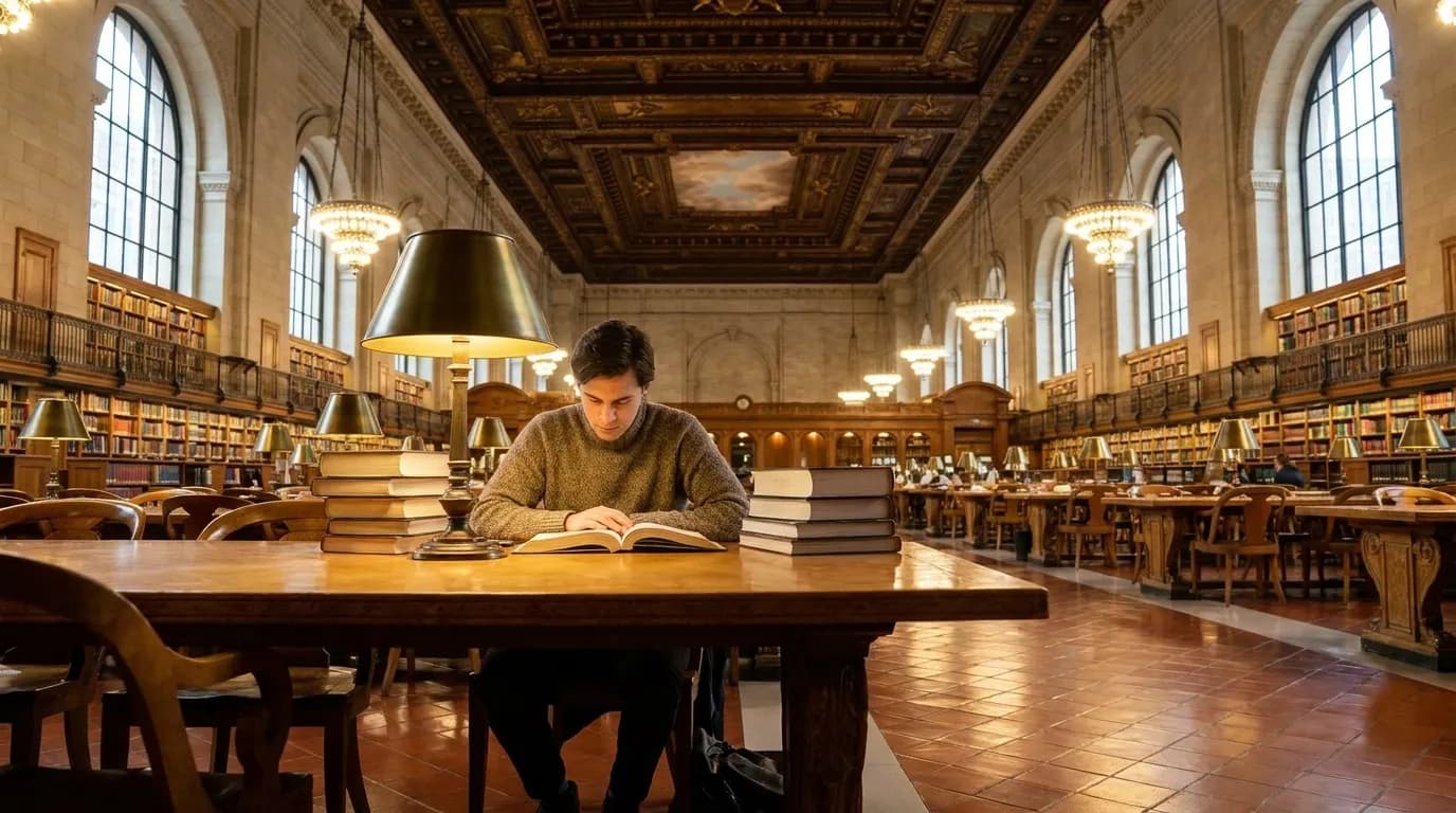 Quiet reading room with wooden tables and green desk lamps inside historic NYC library
