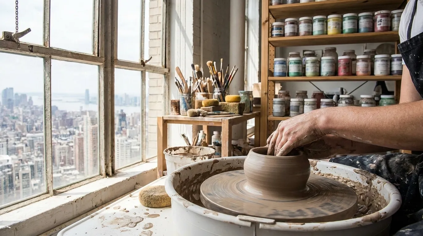 pottery wheel with clay vessel in ceramic studio workspace