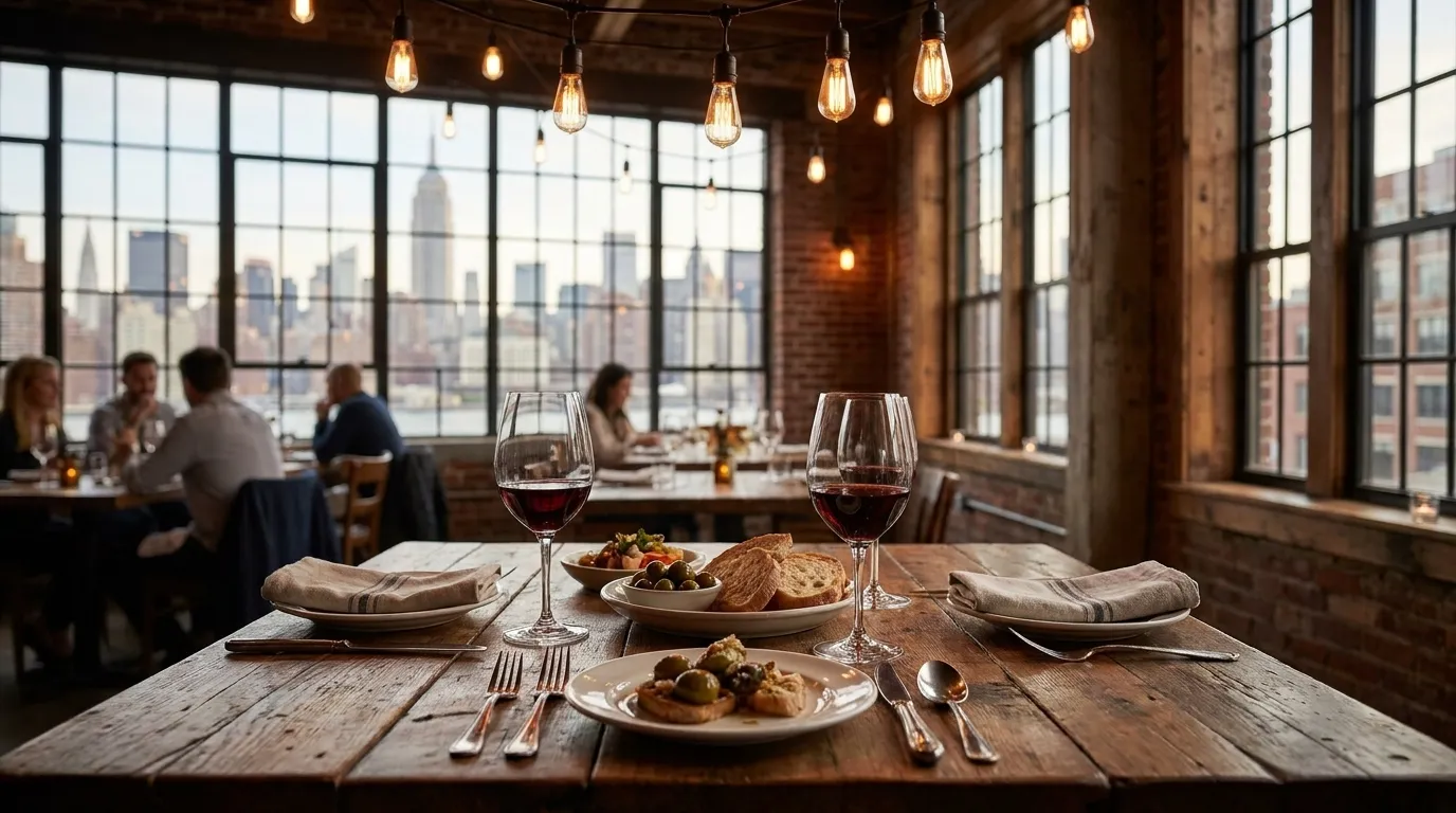 evening streetscape in Williamsburg Brooklyn with restaurant lighting