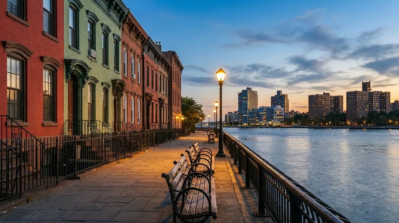Empty paved promenade along the East River with benches facing the water and Queens shoreline in the distance during early evening