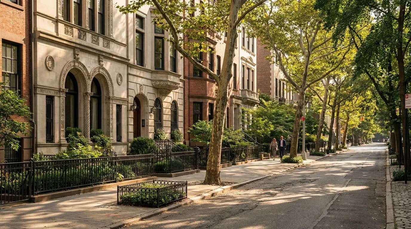 Tree-lined residential street in Sutton Place showing historic townhouses with private terraces and quiet sidewalks