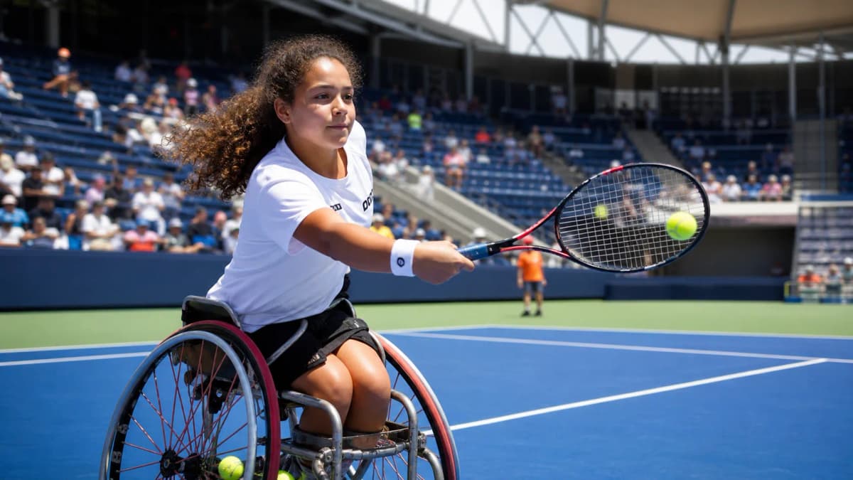 Photorealistic tennis scene illustrating Wheelchair Tennis at the US Open: Events and Viewing Guide.