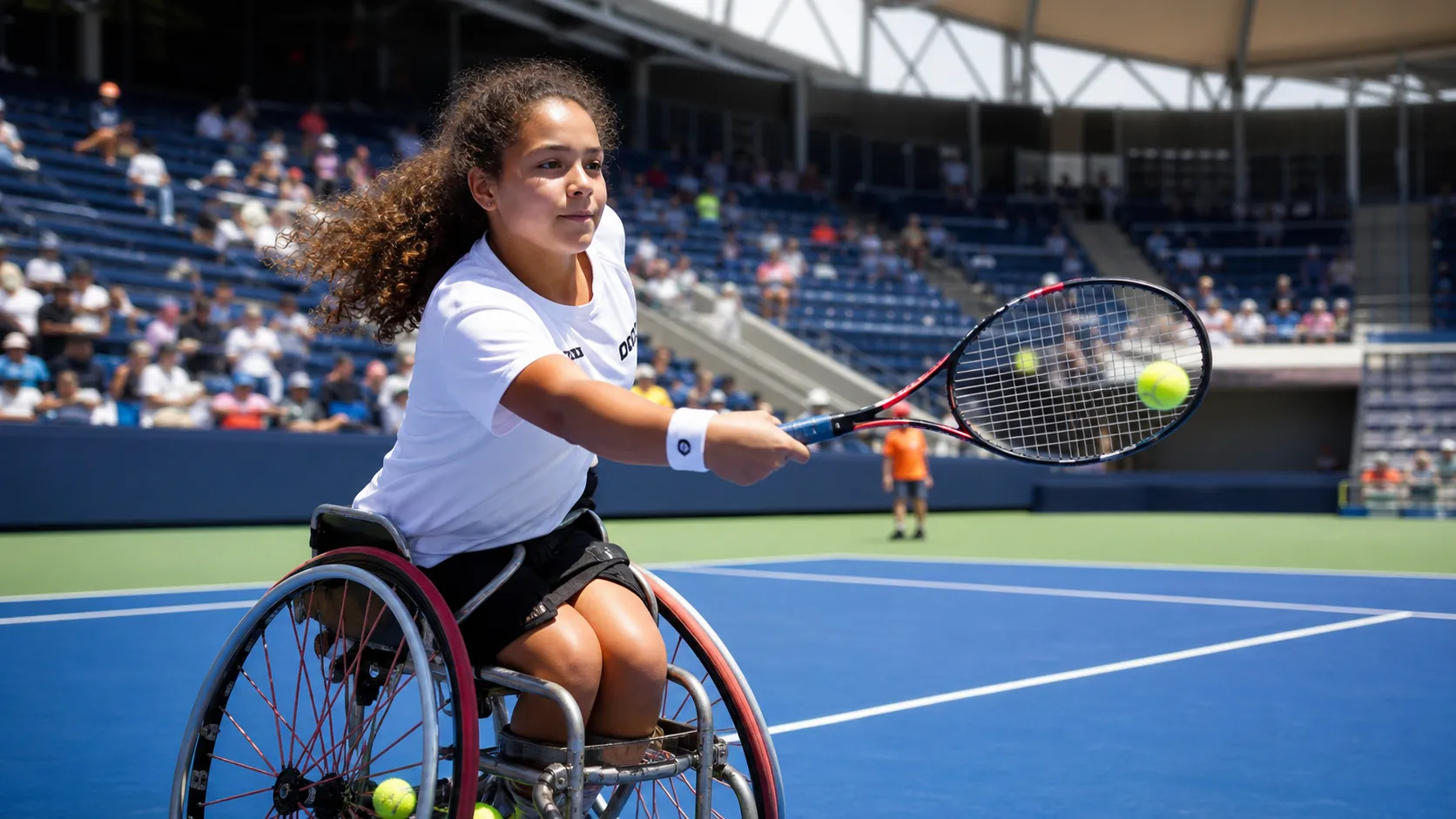 Photorealistic tennis scene illustrating Wheelchair Tennis at the US Open: Events and Viewing Guide.