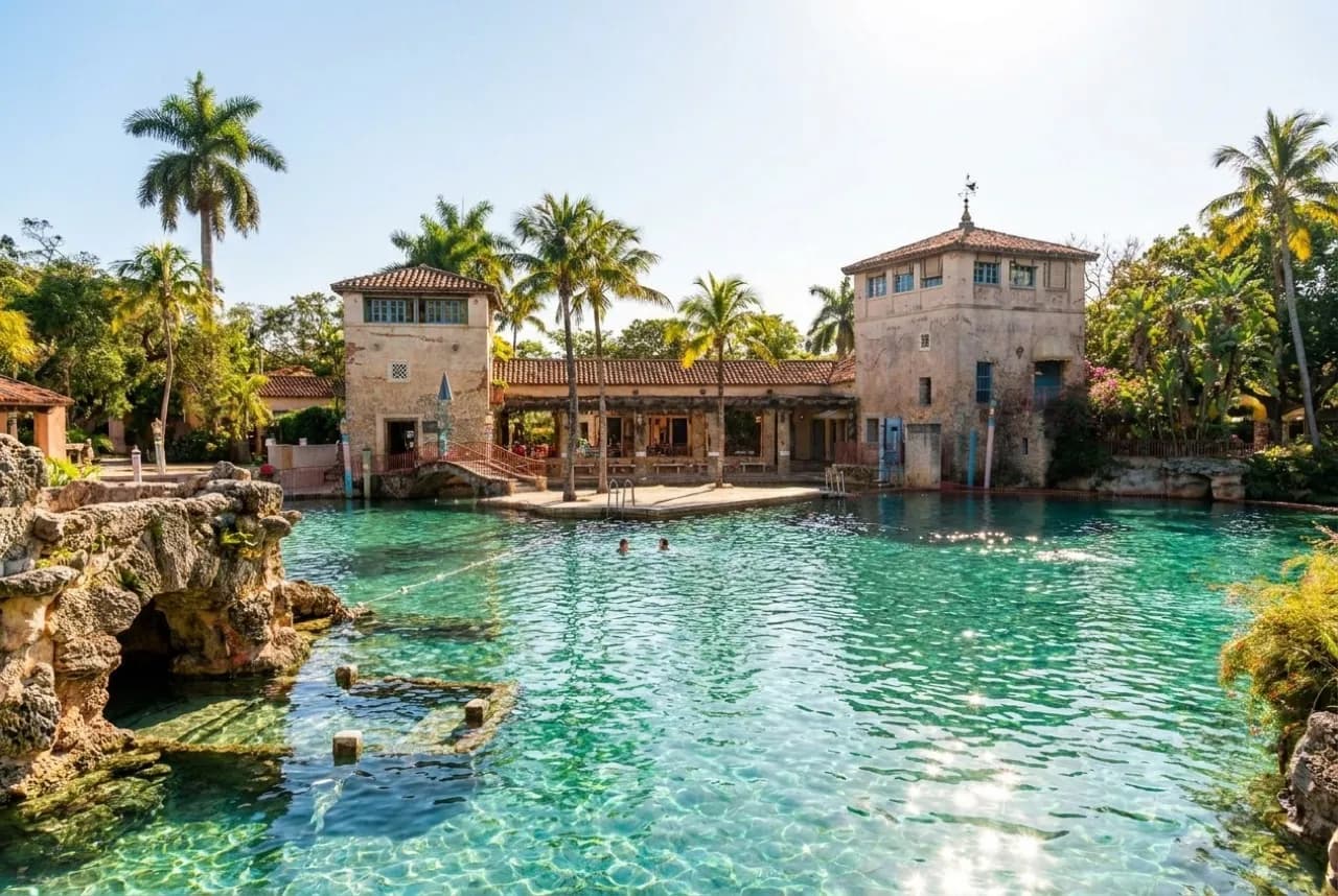 Coral rock grottos and clear spring water at the Venetian Pool in Coral Gables