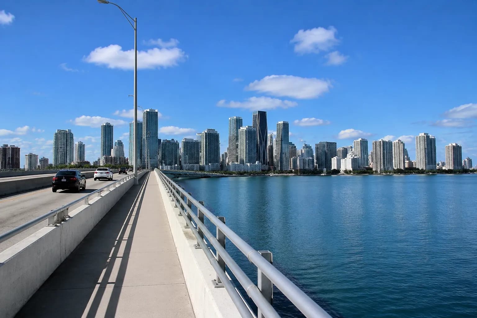 MacArthur Causeway bridge looking toward downtown Miami across the bay