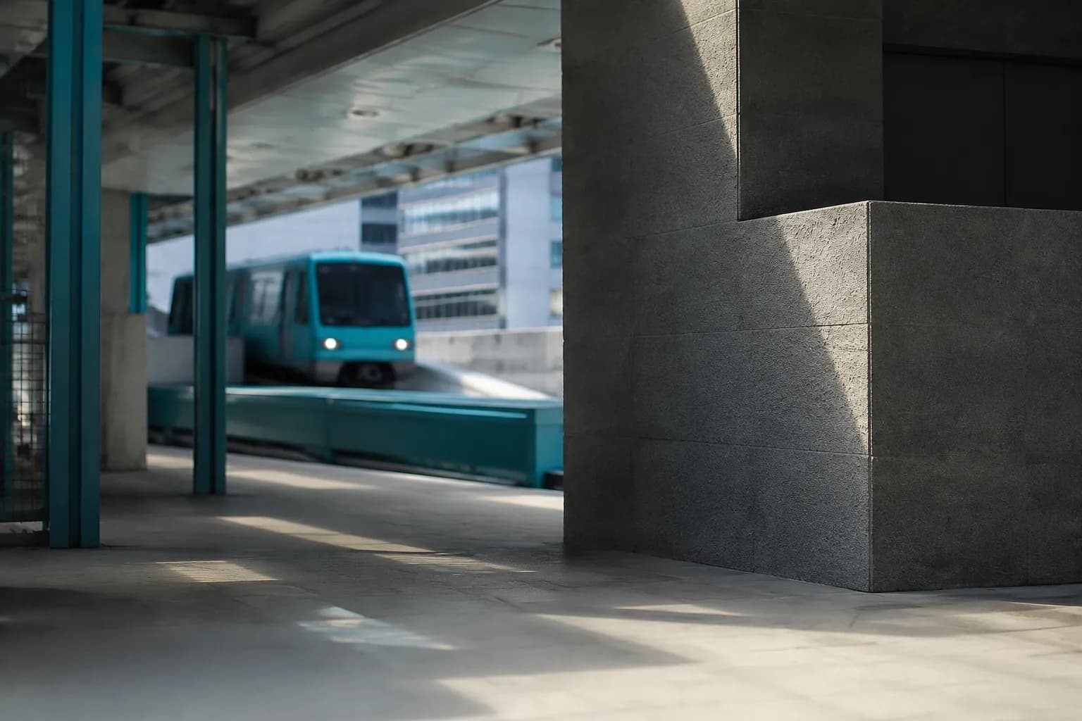 Metromover platform with geometric shadows in downtown Miami