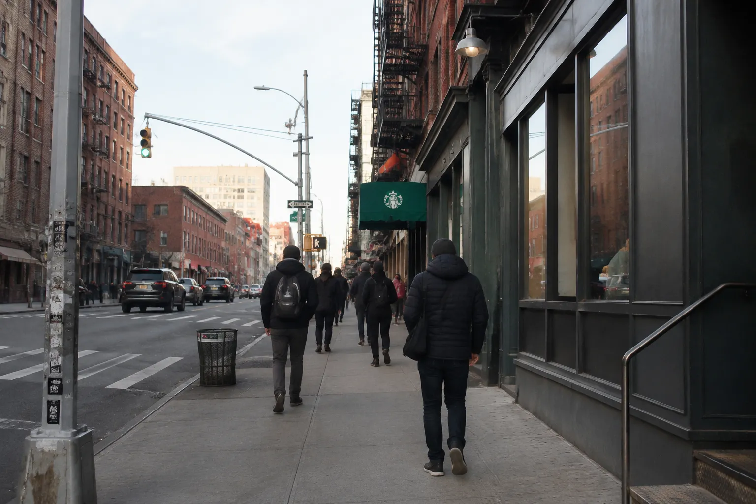 Manhattan Avenue in Greenpoint, Brooklyn, on a weekday morning with pedestrians and storefronts