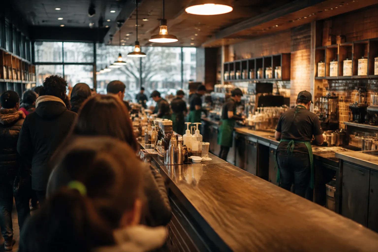 Interior of a busy Starbucks at Astor Place in Manhattan with baristas working behind the counter