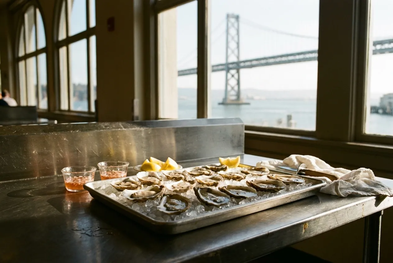Freshly shucked raw oysters on ice at an oyster bar counter with Bay Bridge visible through windows