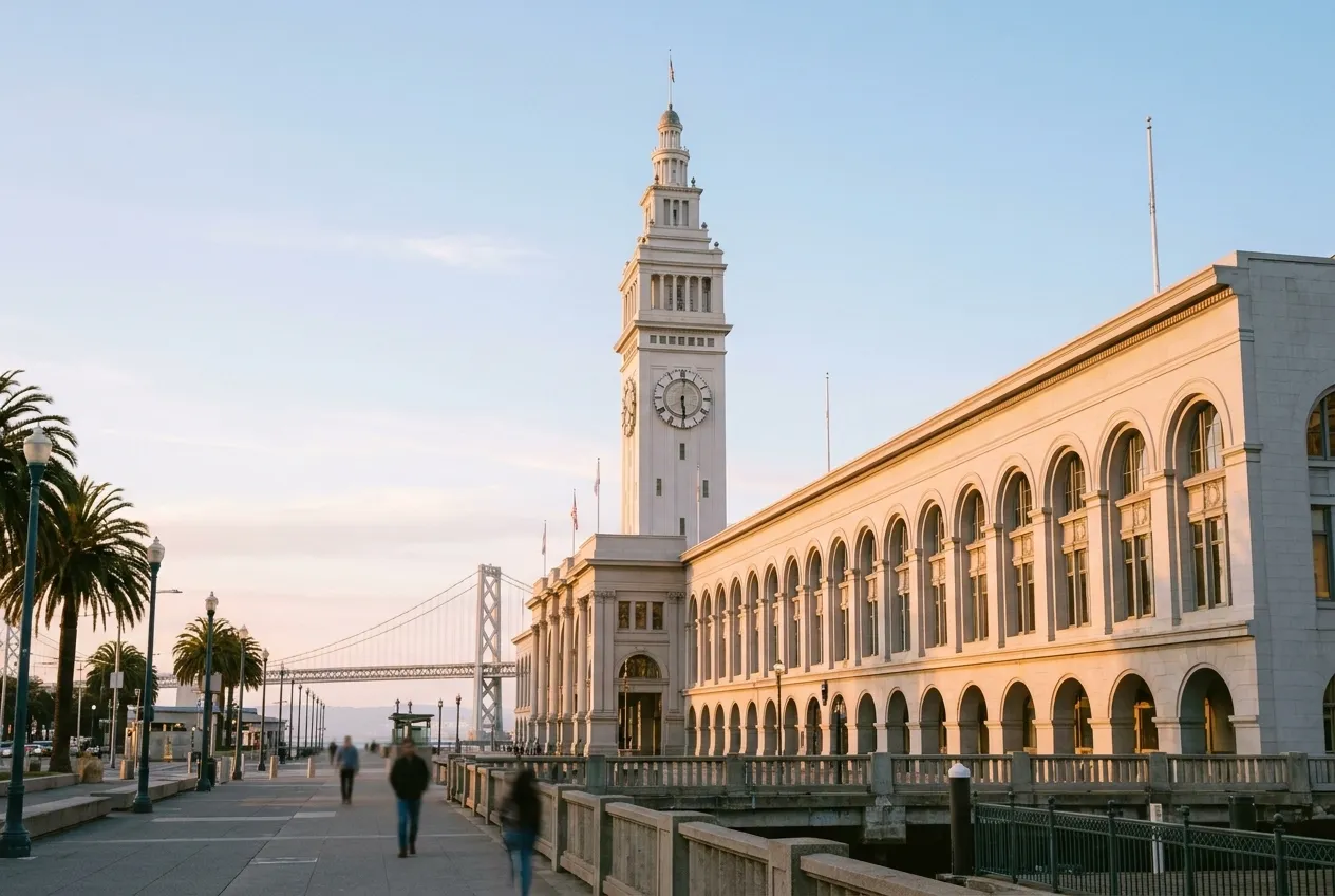 San Francisco Ferry Building exterior at sunrise with clock tower and Bay Bridge in background