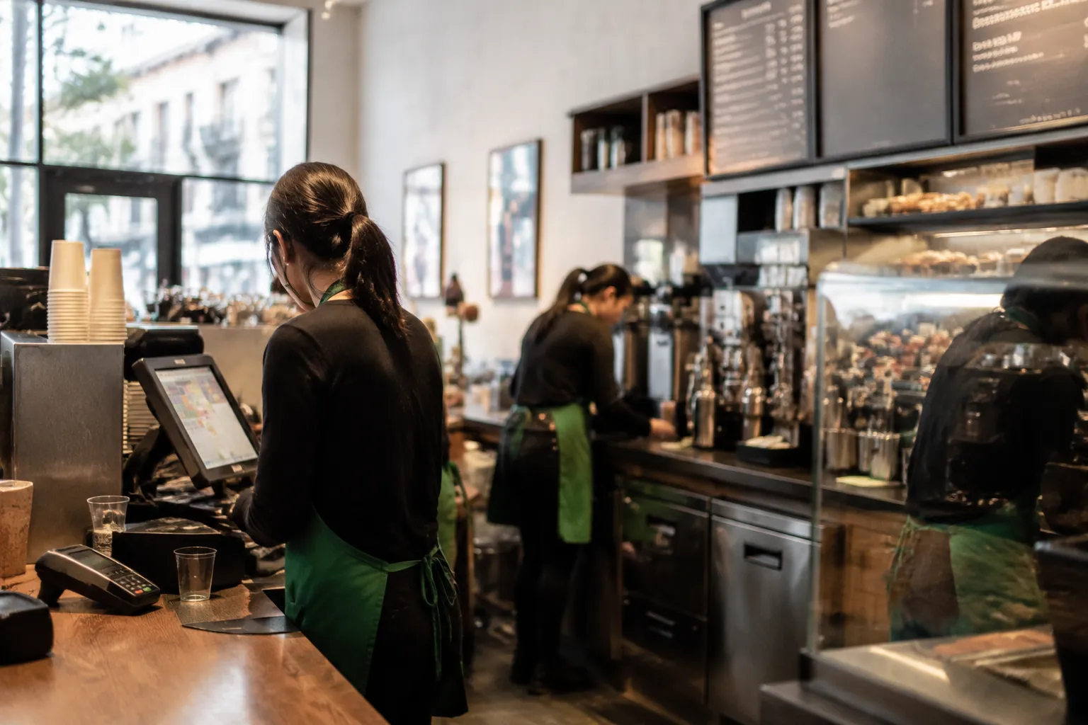 Interior view of a North Beach Starbucks counter with morning light from Columbus Avenue windows