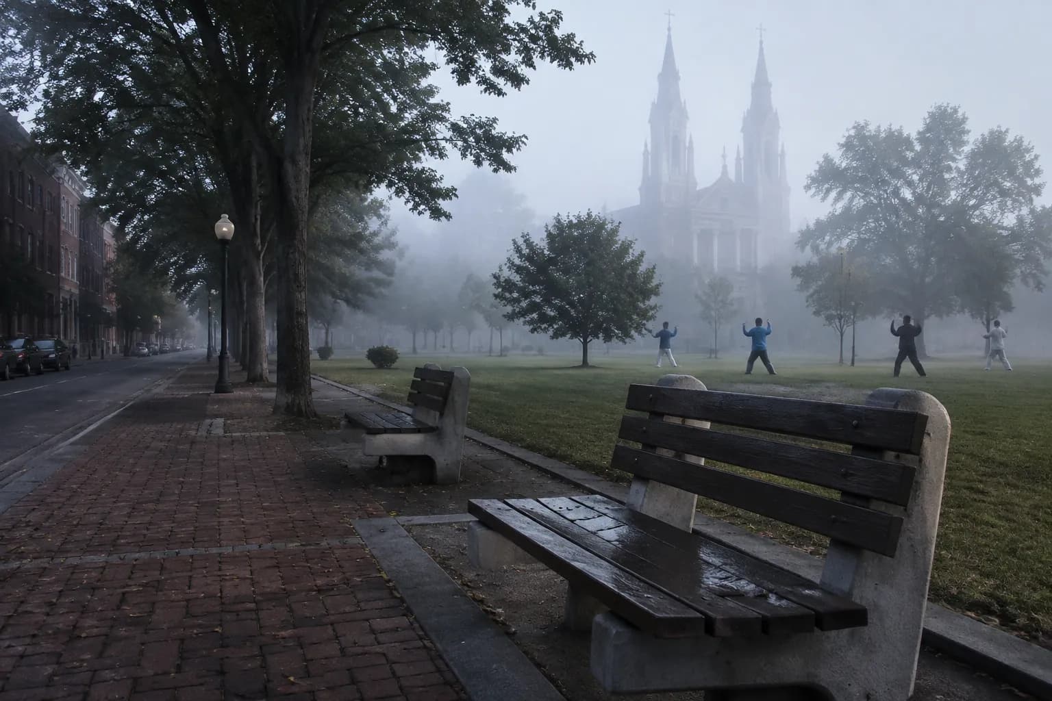 Morning fog over Washington Square Park benches in North Beach with church towers in background