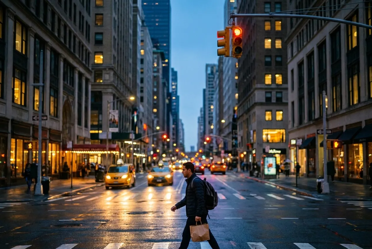 Evening street scene in Midtown Manhattan with pedestrians and storefront lights at dusk