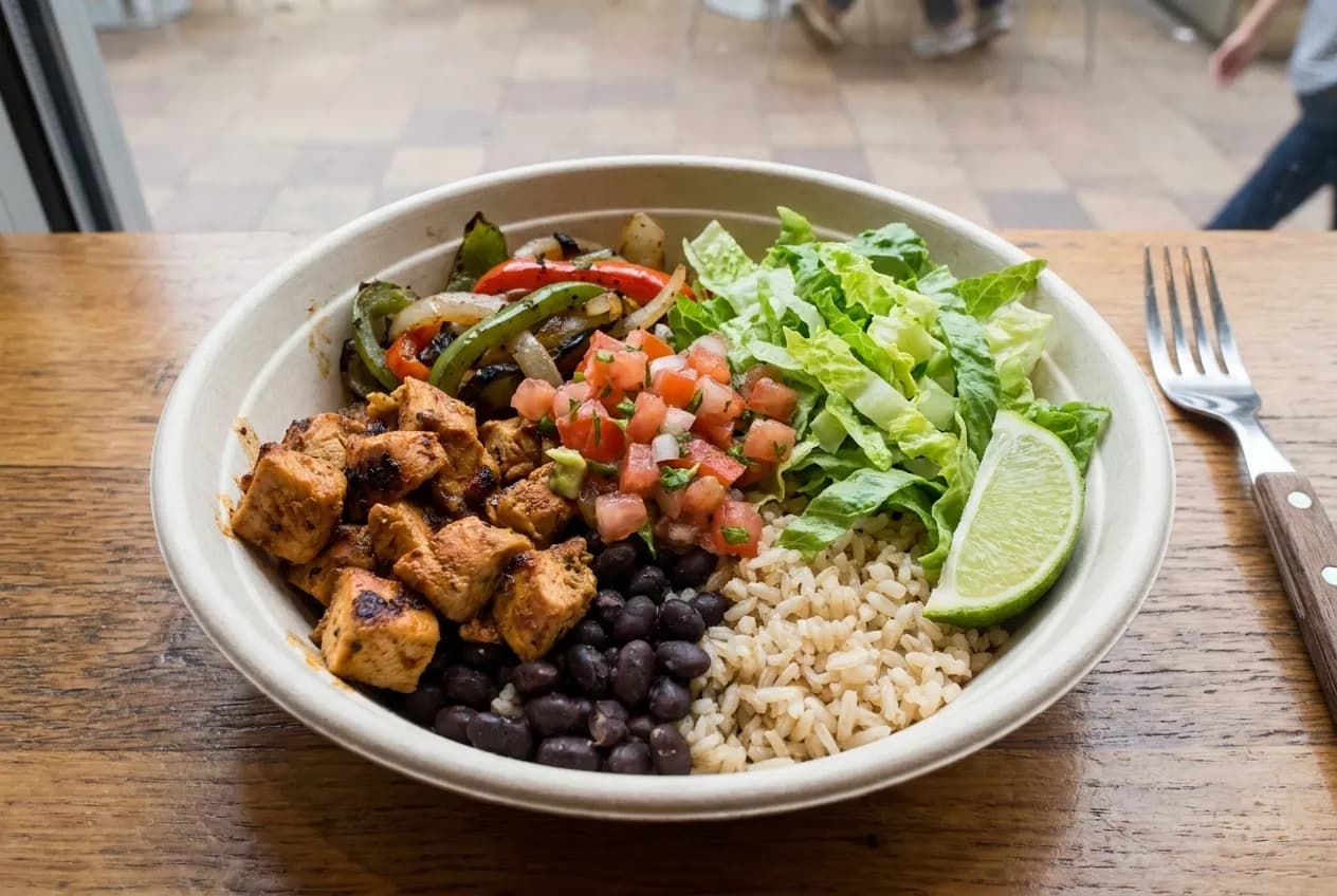 Overhead view of a high-protein bowl with grilled chicken, black beans, vegetables, and fresh salsa