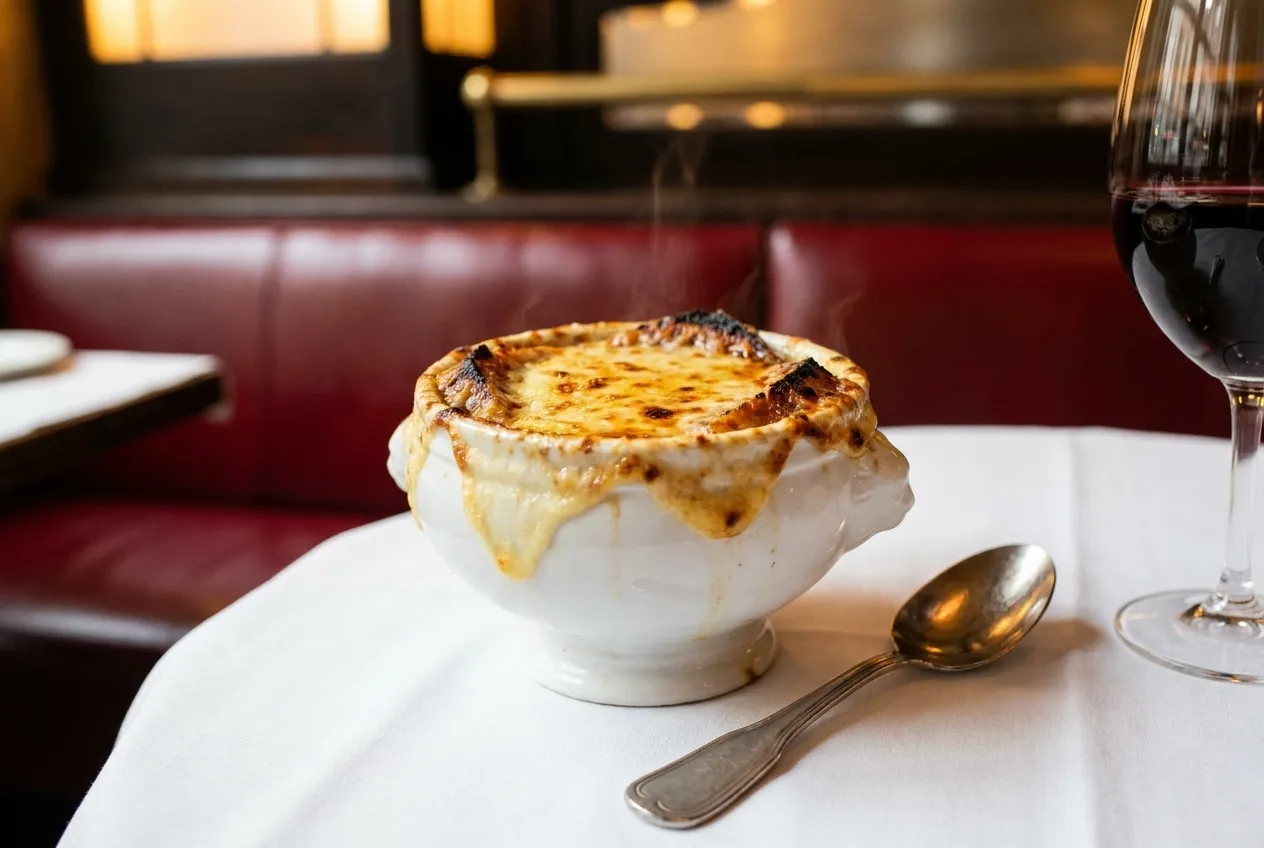 A crock of French onion soup with melted Gruyère cheese on a white tablecloth in a brasserie setting